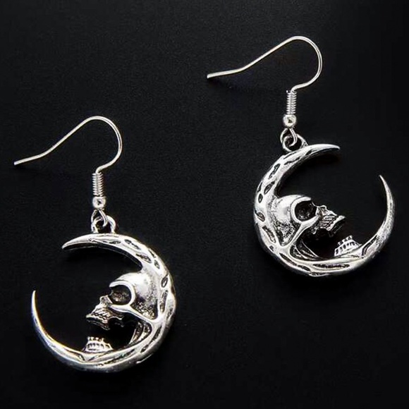 Any 4/$25! Silver Angry Crescent Moon Drop Earrings - Picture 2 of 6